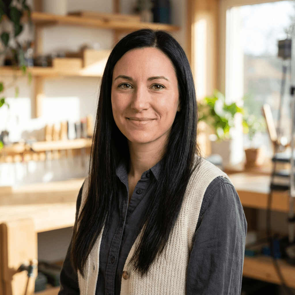 Sarah Jennings at her desk with a clean workspace setup
