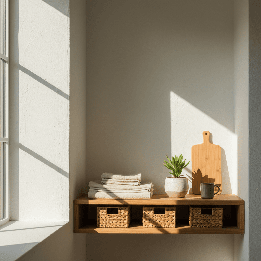 Curated shelf with a folded towel, small plant, and bamboo cutting board in a sunlit room