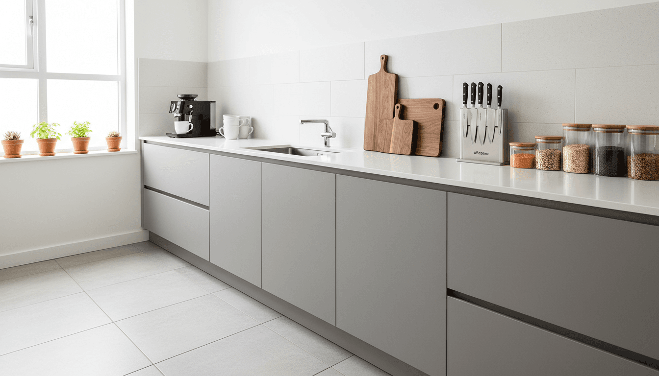 Modern kitchen interior with organized essentials on a countertop, bright natural light