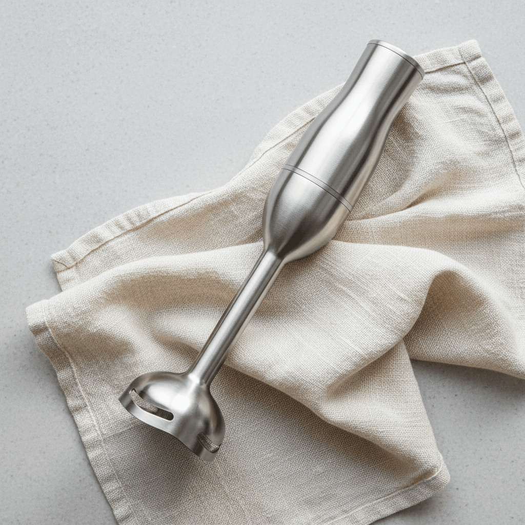 Stainless steel kitchen tool on a linen towel, overhead view