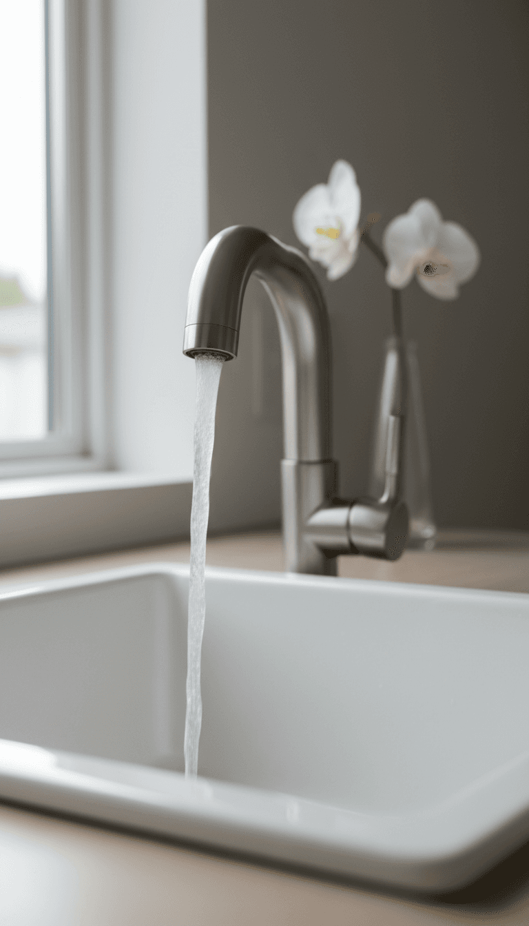 Modern kitchen faucet with water flowing