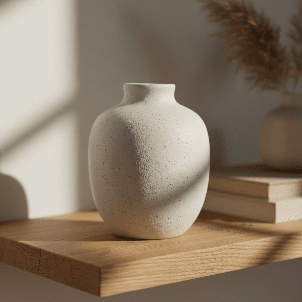 Matte ceramic vase on a wooden shelf in soft natural light
