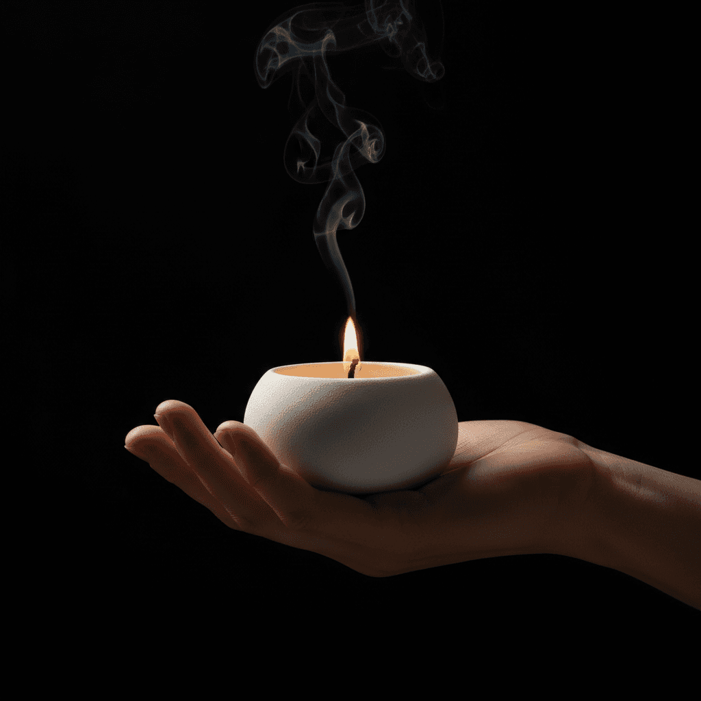 Close-up of a hand lighting a ceramic candle with smoke rising