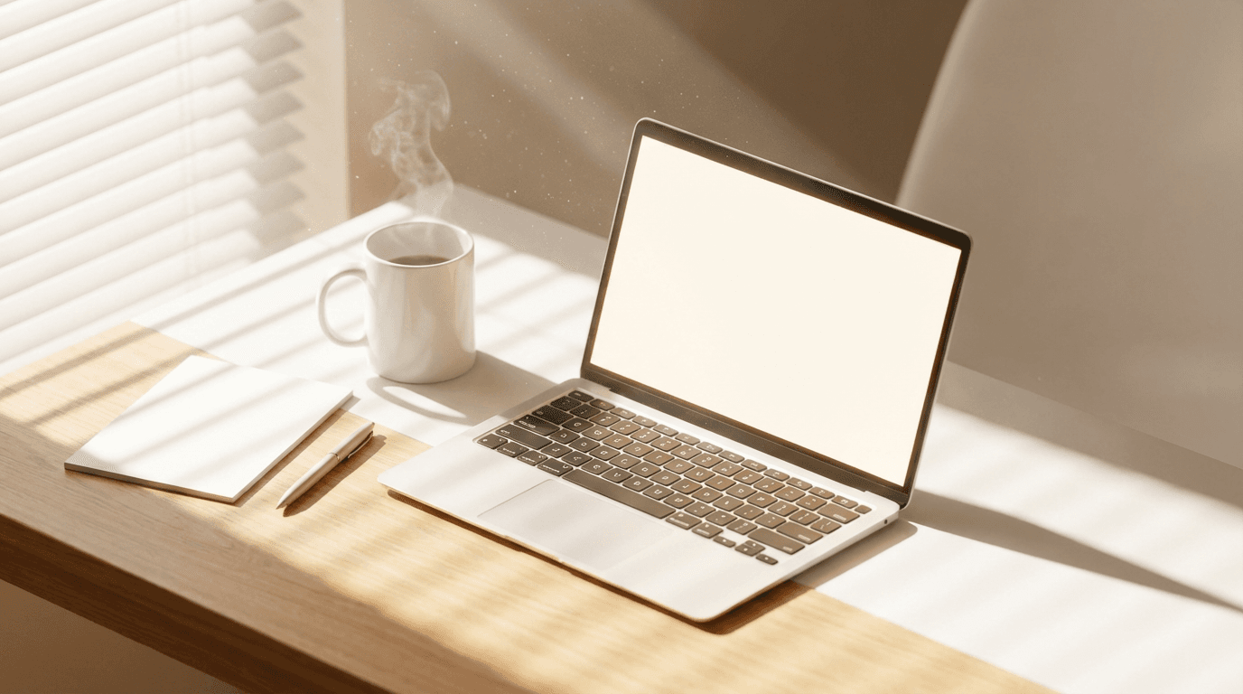 Modern minimalist desk with notebook and phone in a bright home office
