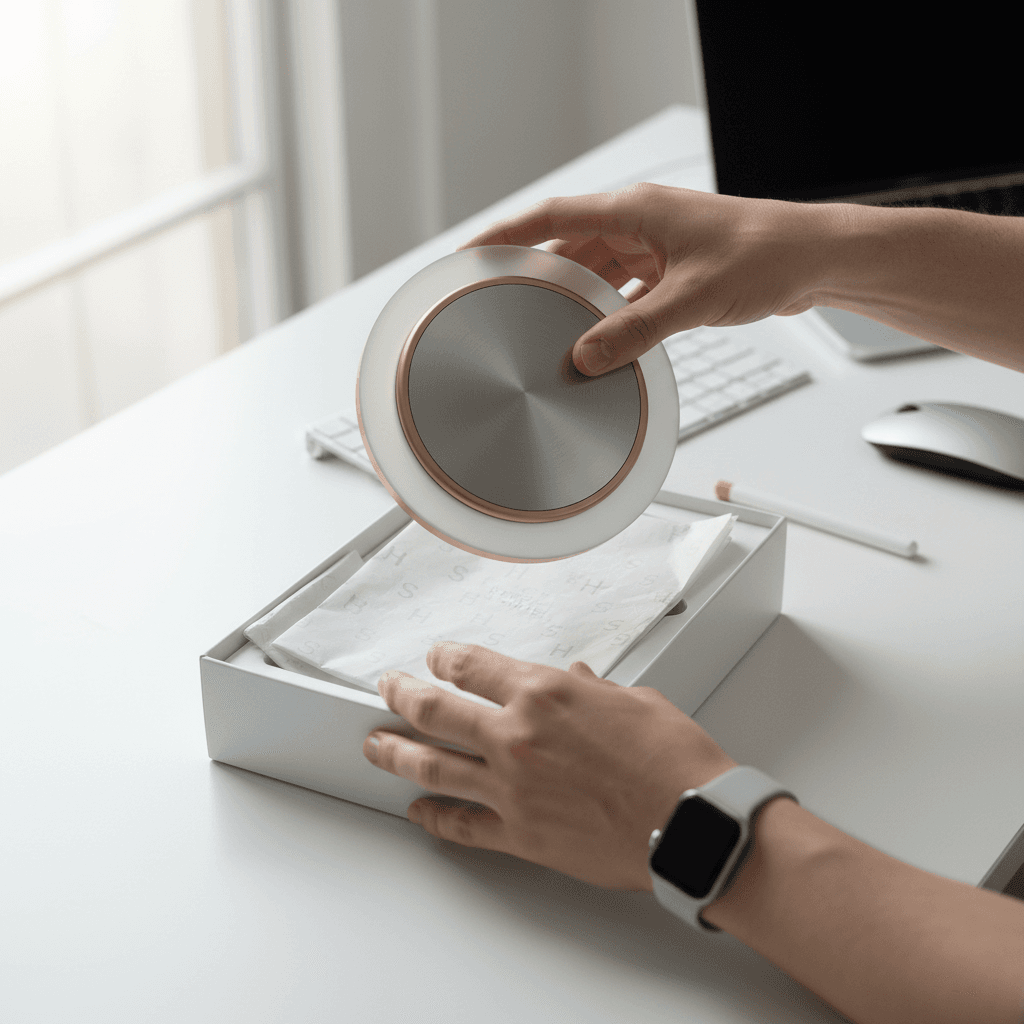 Hands unpacking a premium home product from a box on a wooden table