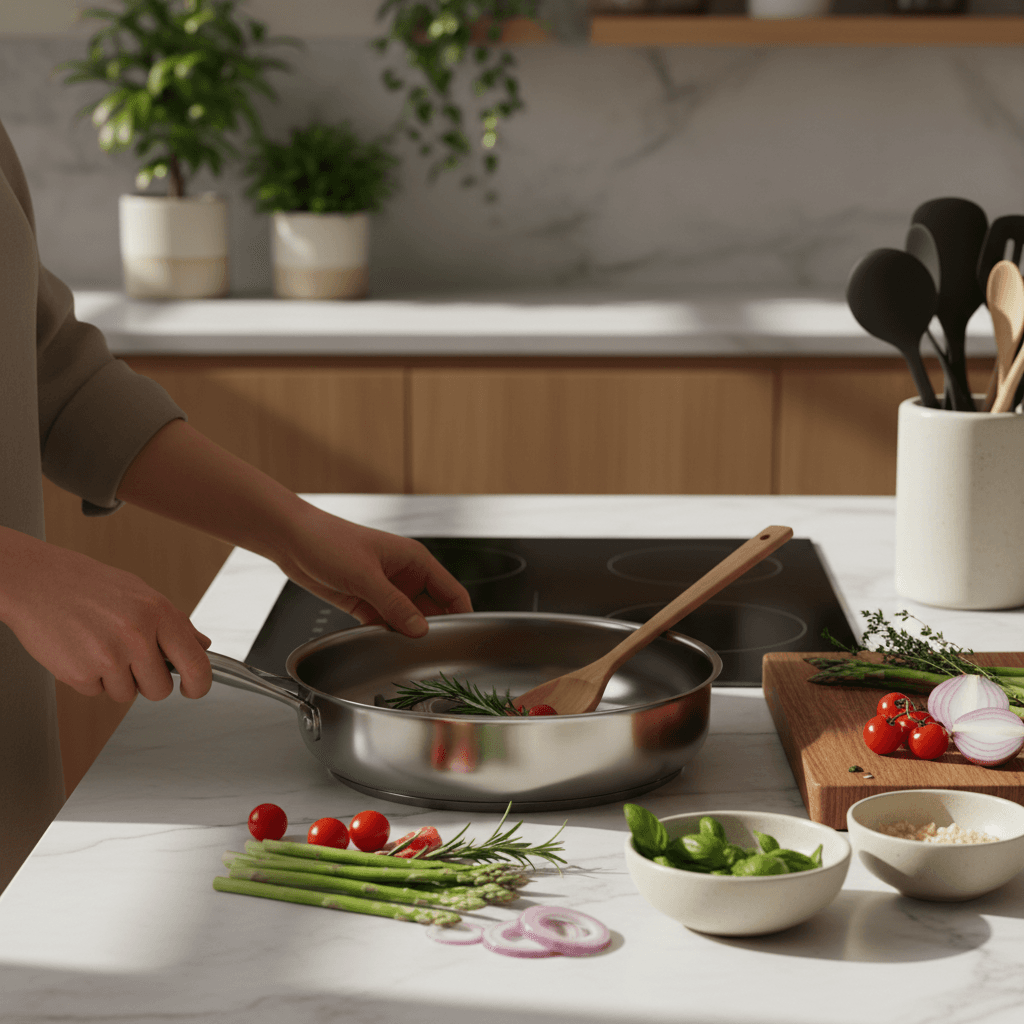 Hands holding a smooth ceramic kitchen utensil on a wooden table