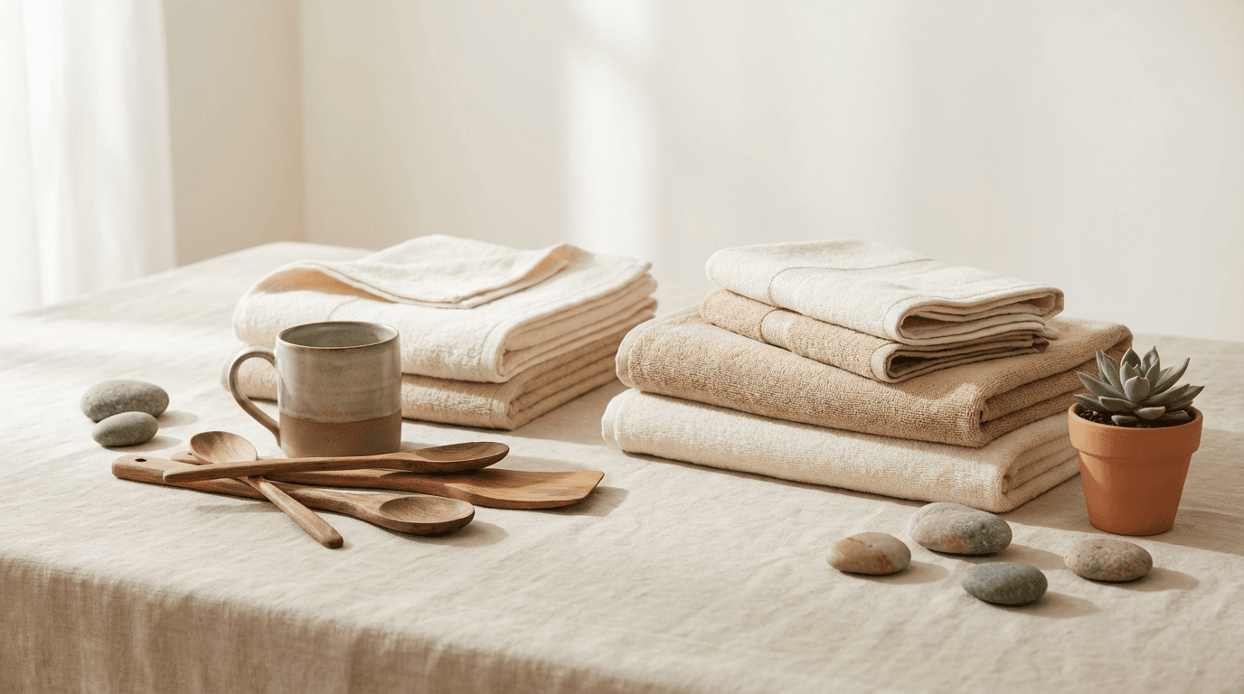 Overhead flat lay of home goods including textiles, pottery, wooden spoons, succulent plant, and stones on neutral linen.