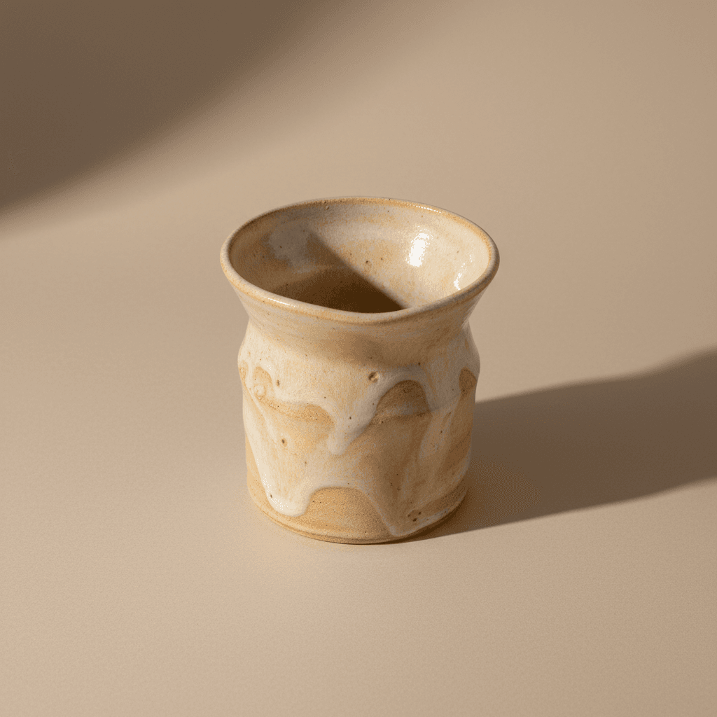 Close-up of a minimalist ceramic vase on a pale oak surface with soft natural light and eucalyptus leaf