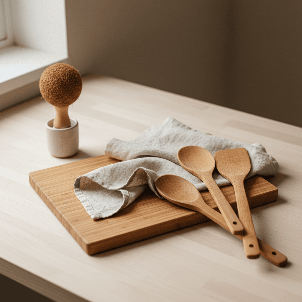 Collection of premium household products including kitchen tools and storage containers arranged on a wooden table in natural light