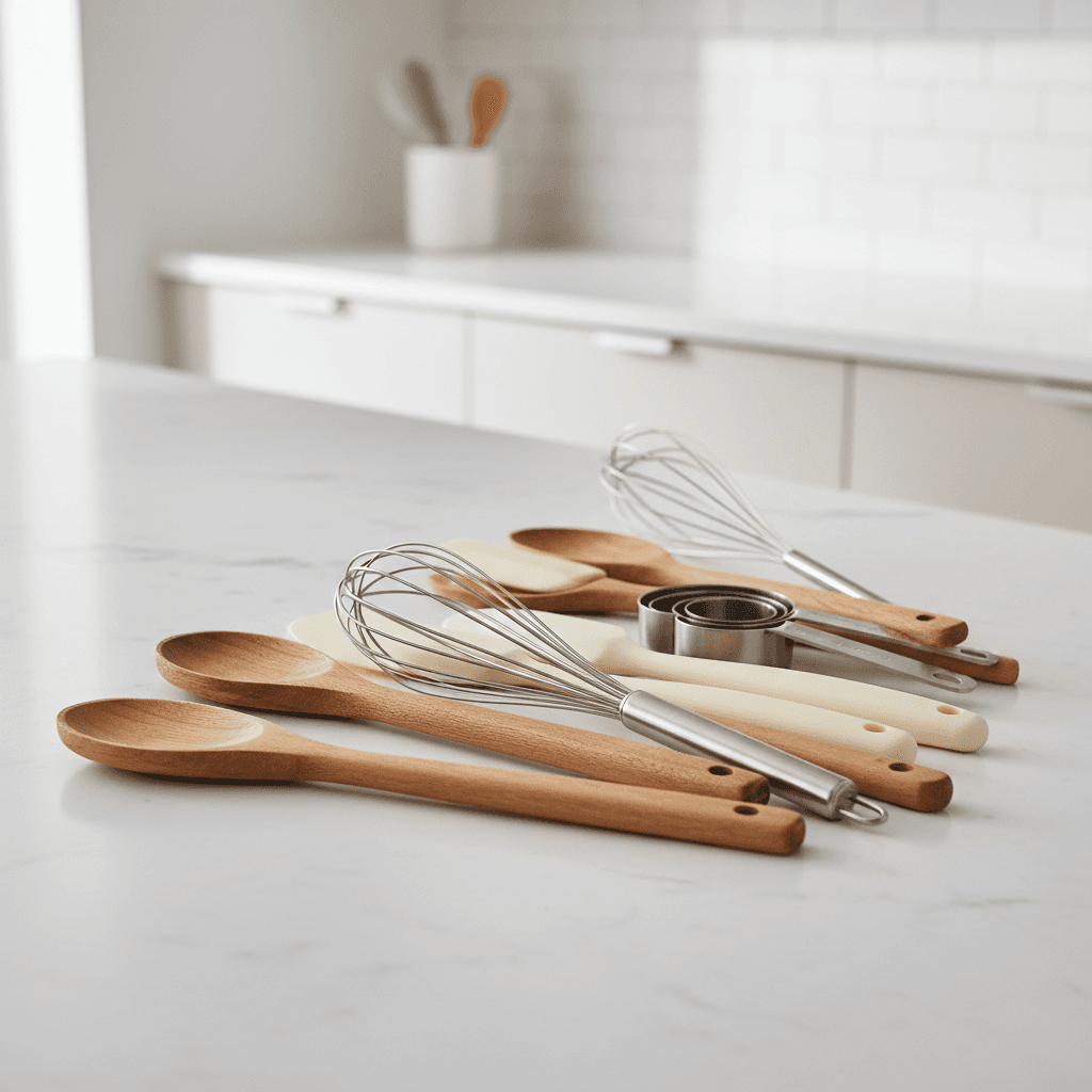 Wooden spoons, whisks, and spatulas arranged on a bright white marble kitchen countertop.