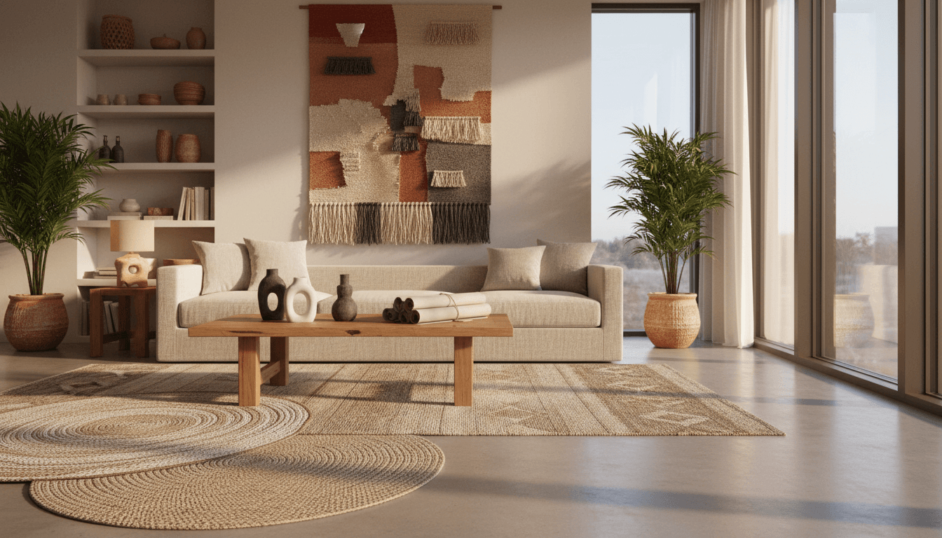 Modern home interior with a single ceramic vase on a wooden table, soft natural light through curtains