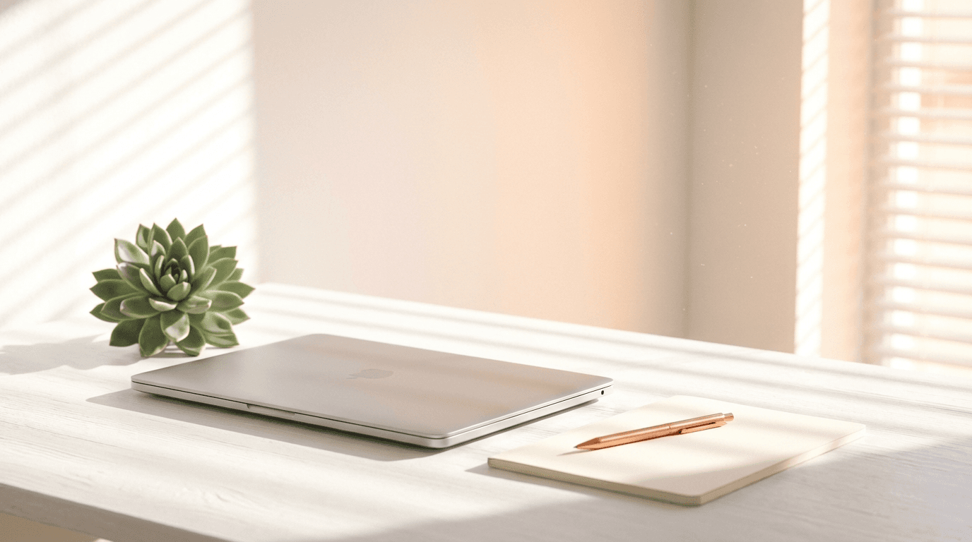 Minimal bright workspace with premium household products on a white desk in natural light