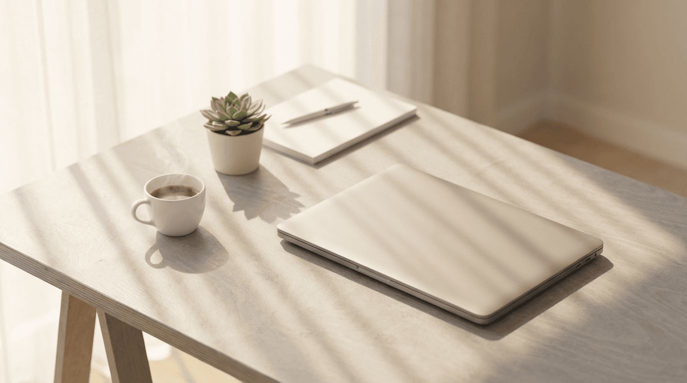Clean home office desk with laptop and household products