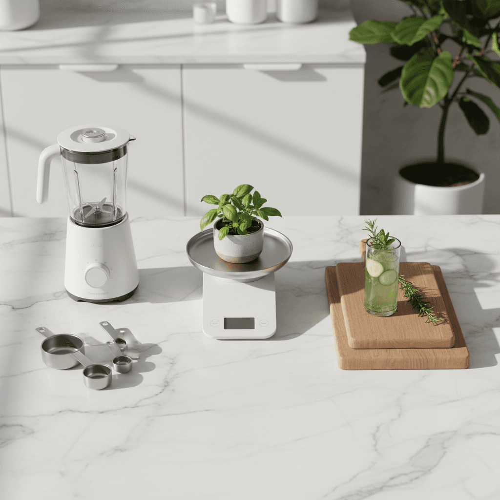Overhead view of premium home and garden products arranged on a white surface